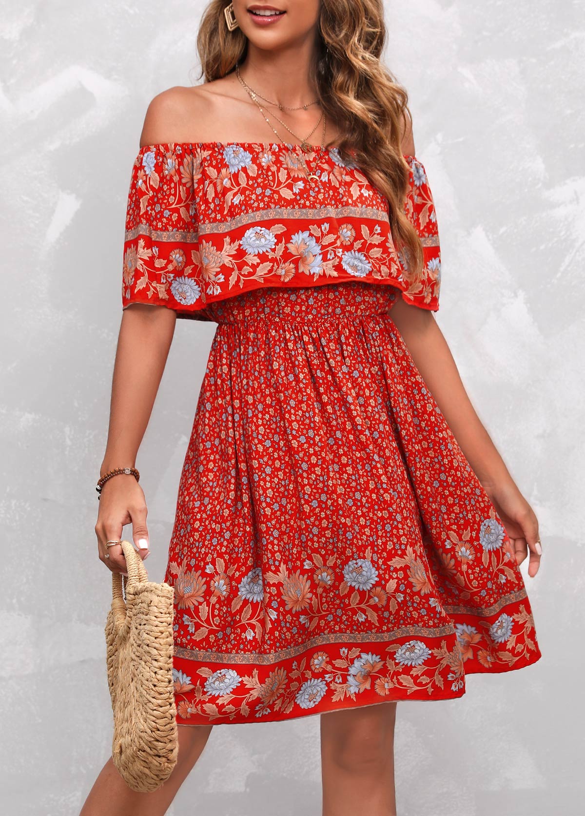 Bohemian Print Orange Red Off Shoulder Dress