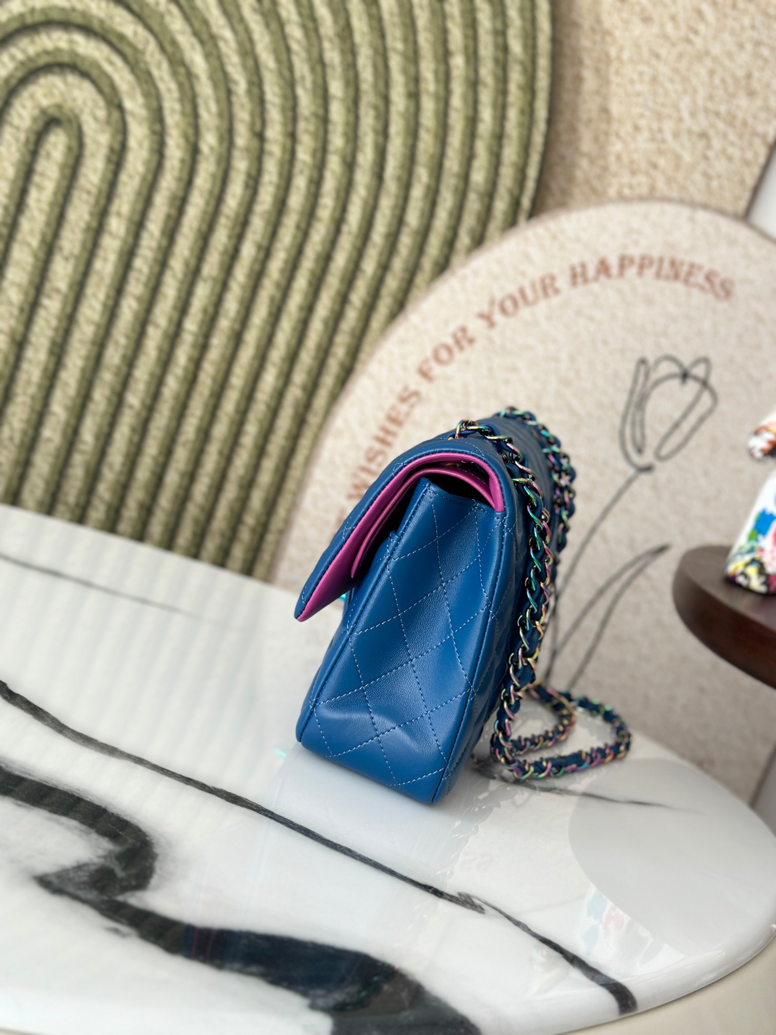 Classic Flap Medium Bag in Electric Blue Lambskin with Iridescent Rainbow Hardware (Model A01112) - Mocuir