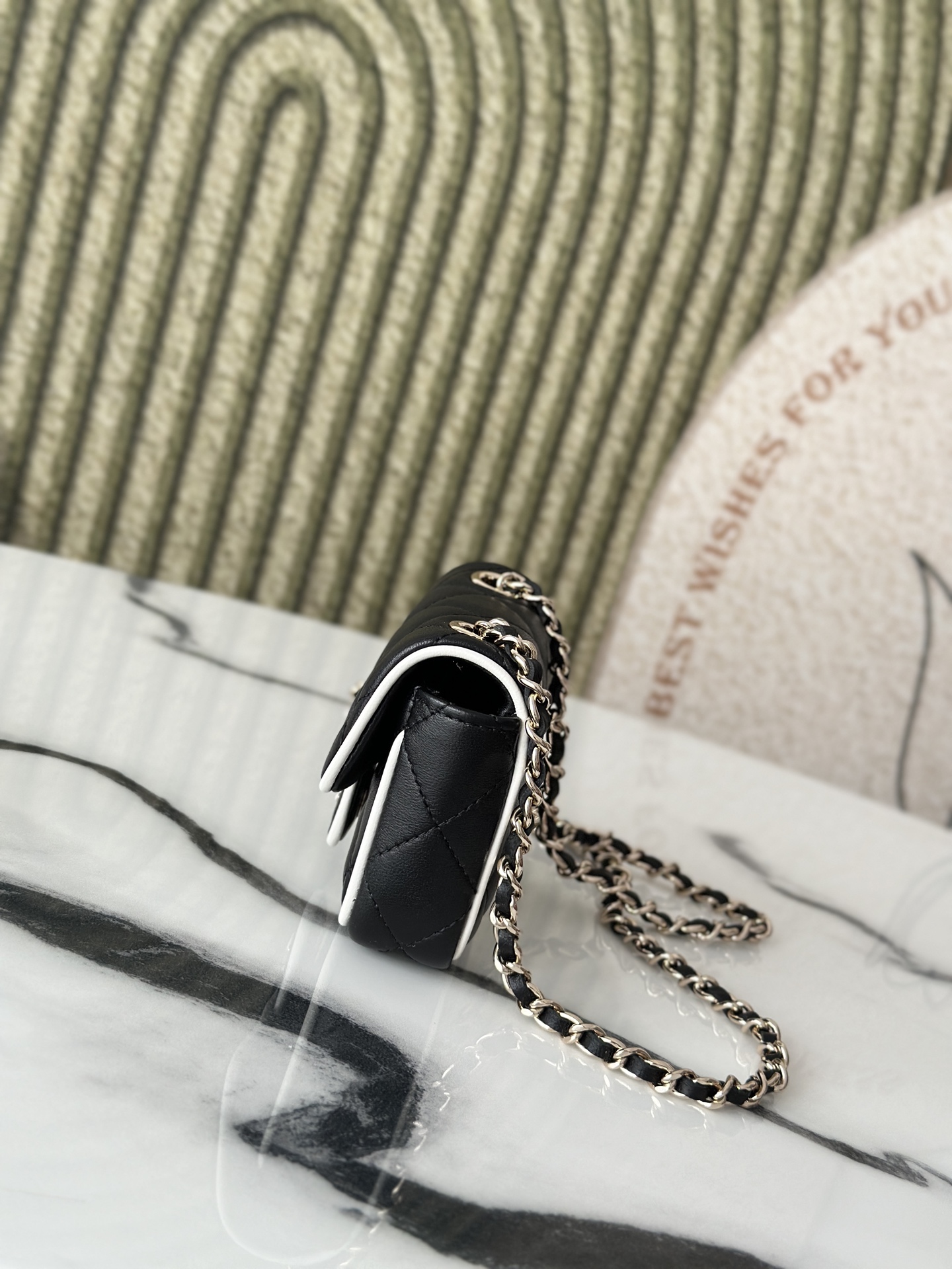 Mini Classic Flap in Black Quilted Lambskin with White Piping and SilverGold-Tone Hardware - Mocuir