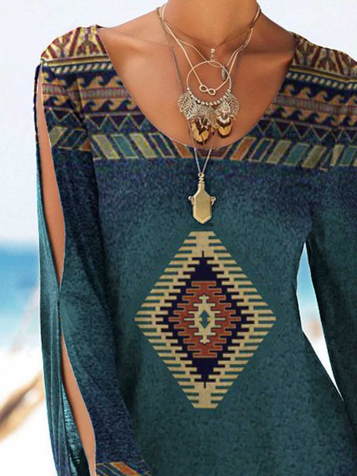 Tribal Print Casual Open-sleeve A-line Dresses