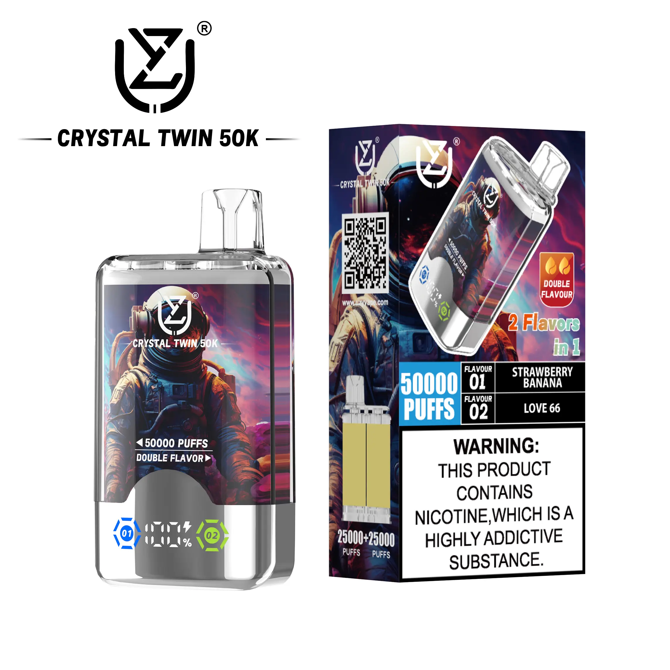 （3 pieces）UZY Crystal Twin 50000 50k Puffs Double Taste LED Display Disposable Vape