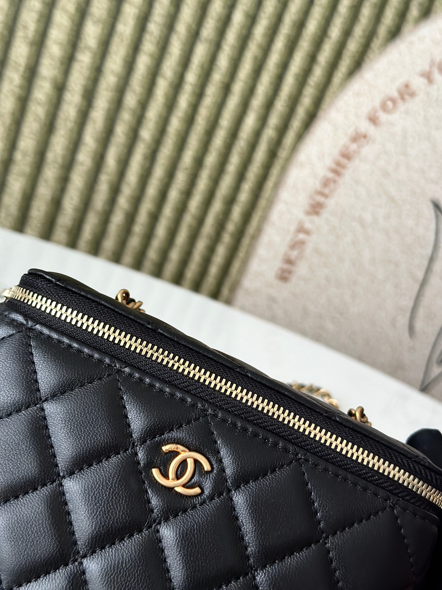 Mini Rectangular Vanity Case with Adjustable Ball Chain in Black Quilted Lambskin with Gold-Tone Hardware - Mocuir