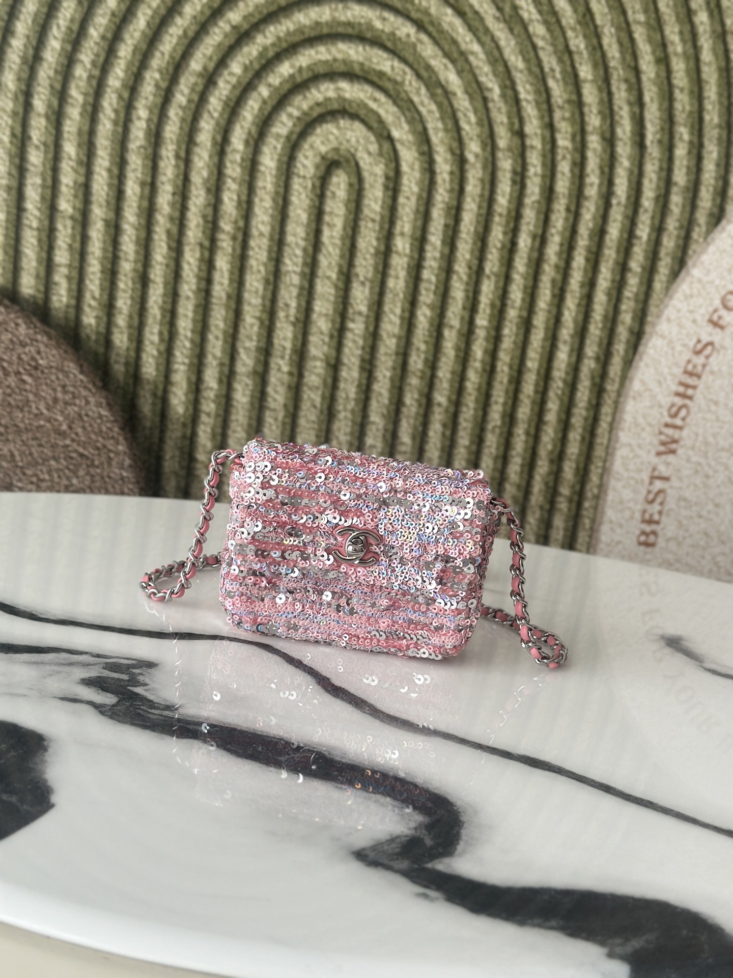 23C Large Mini Classic Flap Bag (AS3965) in Peach Pink Hand-Embroidered Sequins on Lambskin with Silver-Tone Hardware - Mocuir