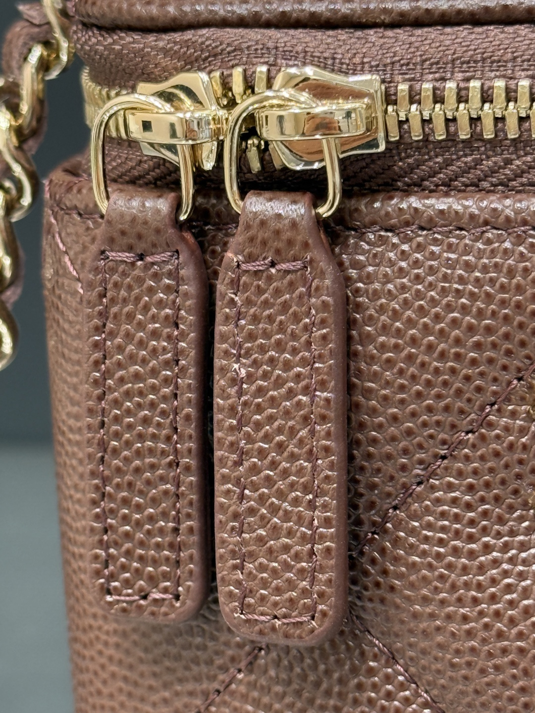 Mini Top Handle Vanity Case (AS5993) in Dark Brown Quilted Grained Calfskin (Caviar) with Antique Gold-Tone Hardware - Mocuir