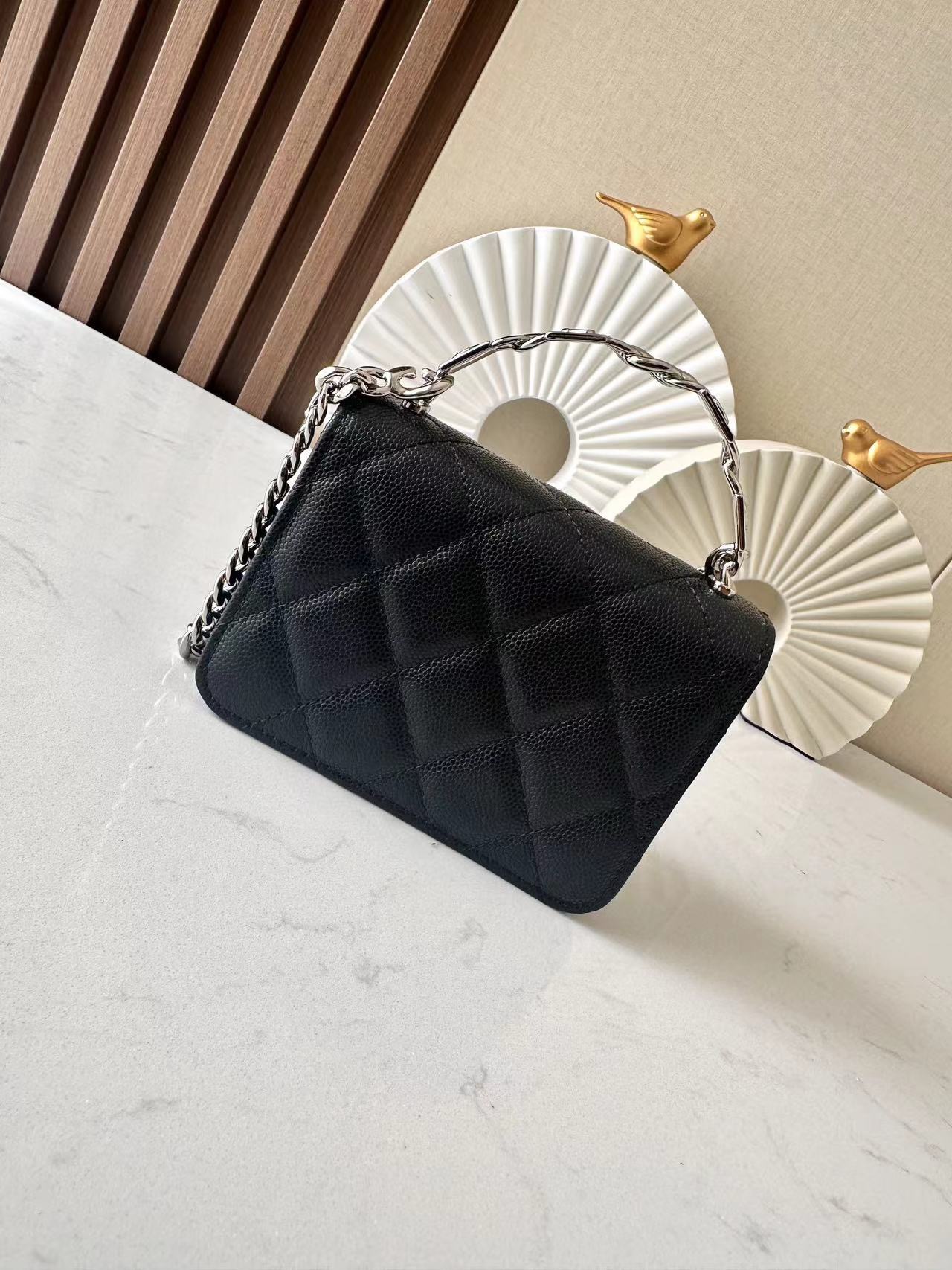 Classic Quilted Caviar Mini Flap Bag with Top Handle Chain in Black (Silver Hardware) - Mocuir