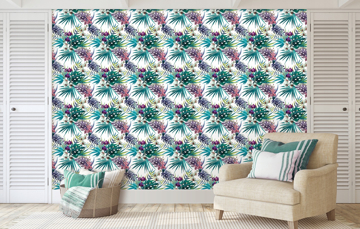Tropical leaves 3D flowers non-woven wallpaper roll