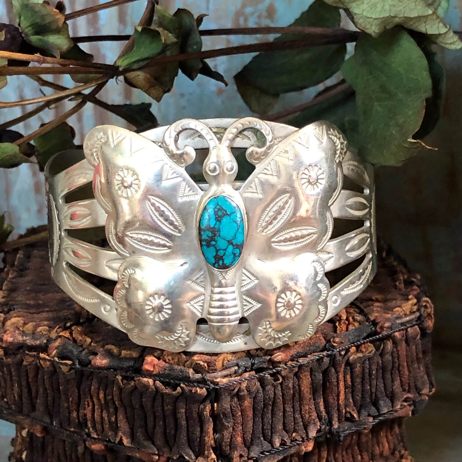 Nickel Silver Southwestern Butterfly Bracelet Faux Turquoise