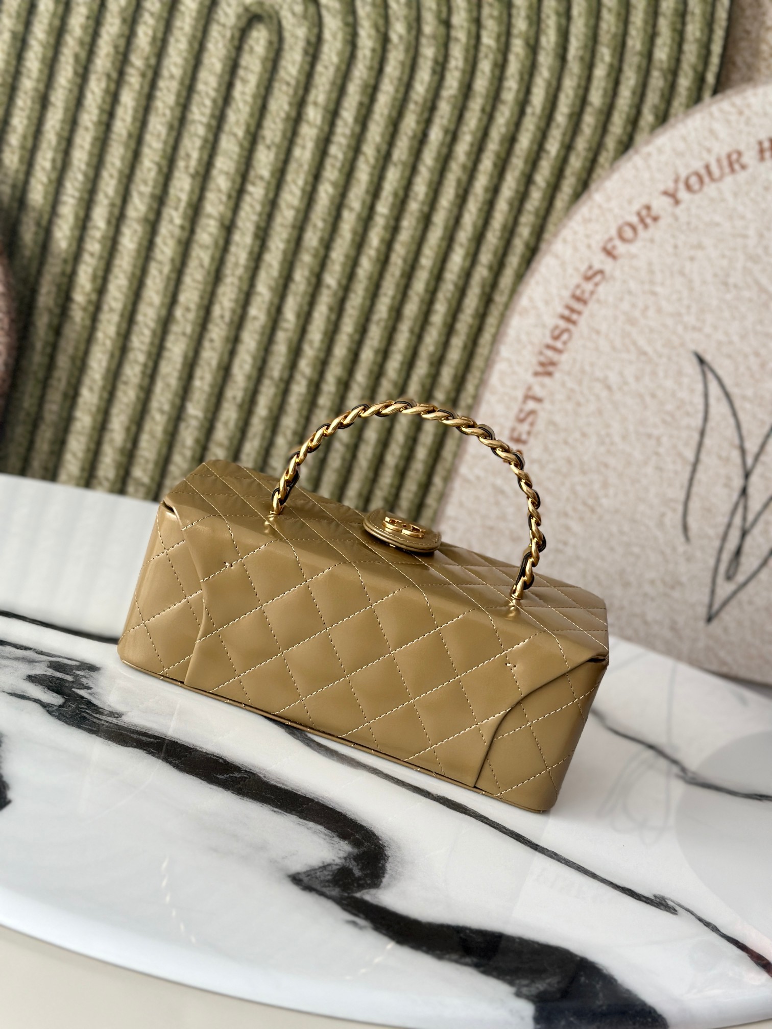 Quilted Patent Leather Long Vanity Case Bag with Chain Handle, Gold Hardware (Model AP5212) - Mocuir