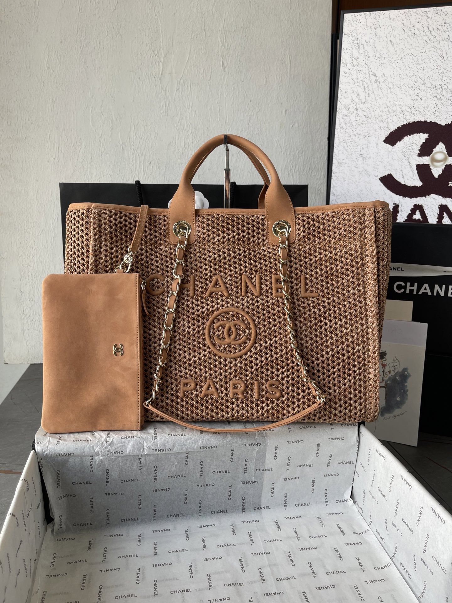 Deauville Large Openwork Knit Tote Bag in Caramel with Gold-Tone Hardware - Mocuir