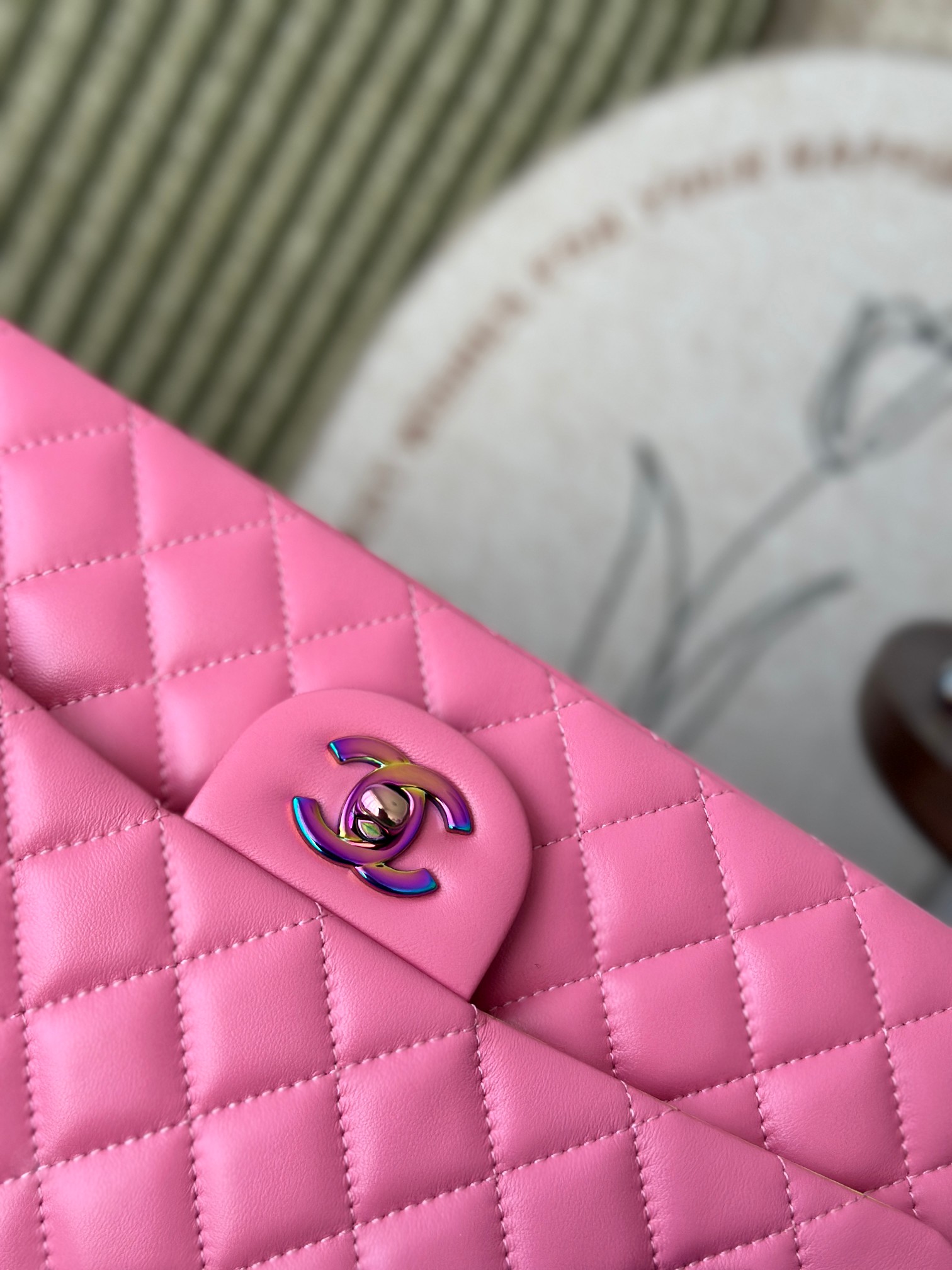 Classic Flap Medium Bag in Sakura Pink Lambskin with Iridescent Rainbow Hardware (Model A01112) - Mocuir