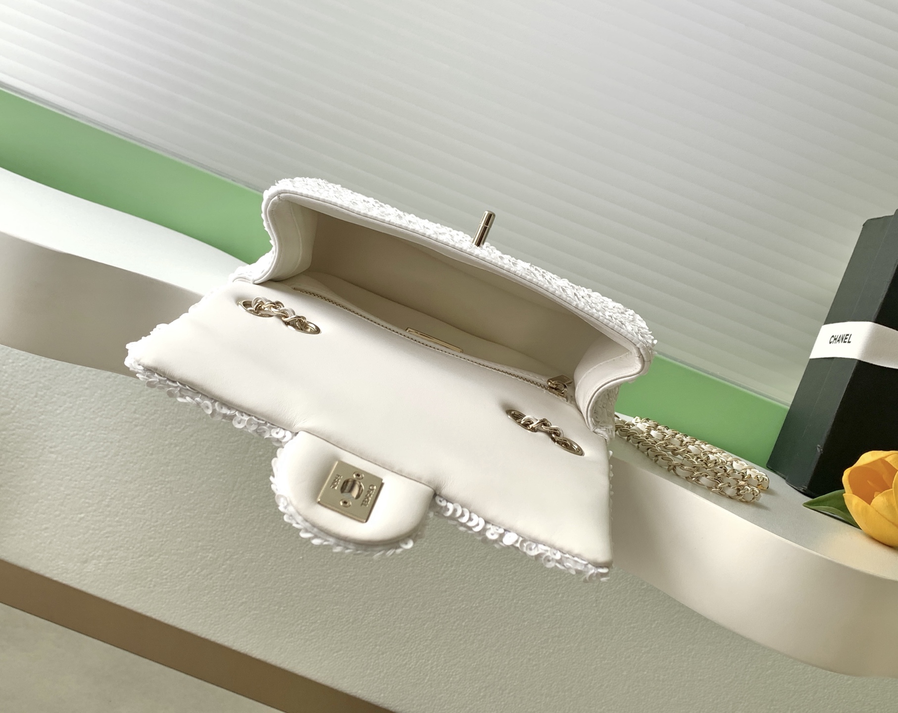 25B White Sequin Classic Flap (AS4561) in Quilted Sequins with Light Gold-Tone Hardware - Mocuir