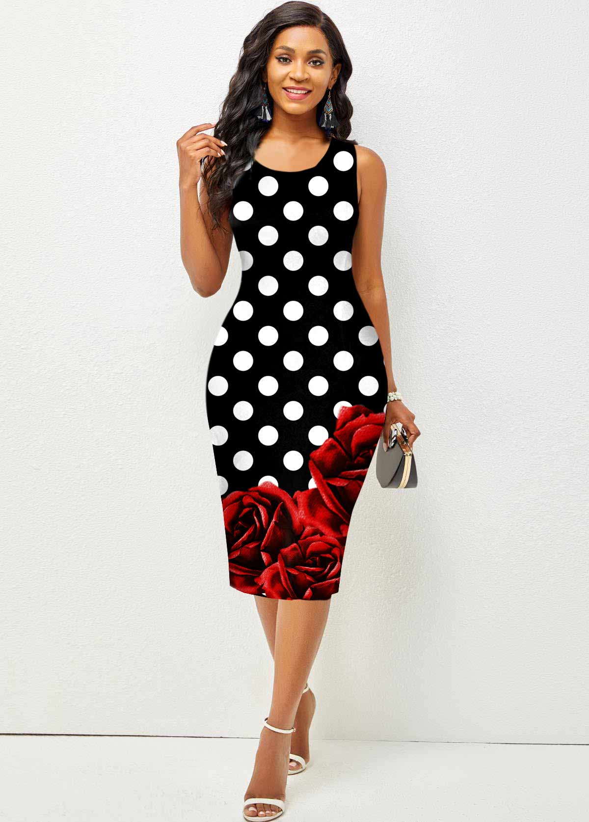 Polka Dot Sleeveless Round Neck Bodycon Dress