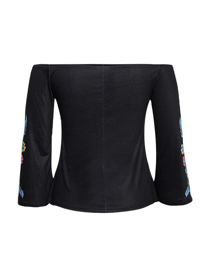 Black Long Sleeve Floral Off Shoulder Shirts & Tops