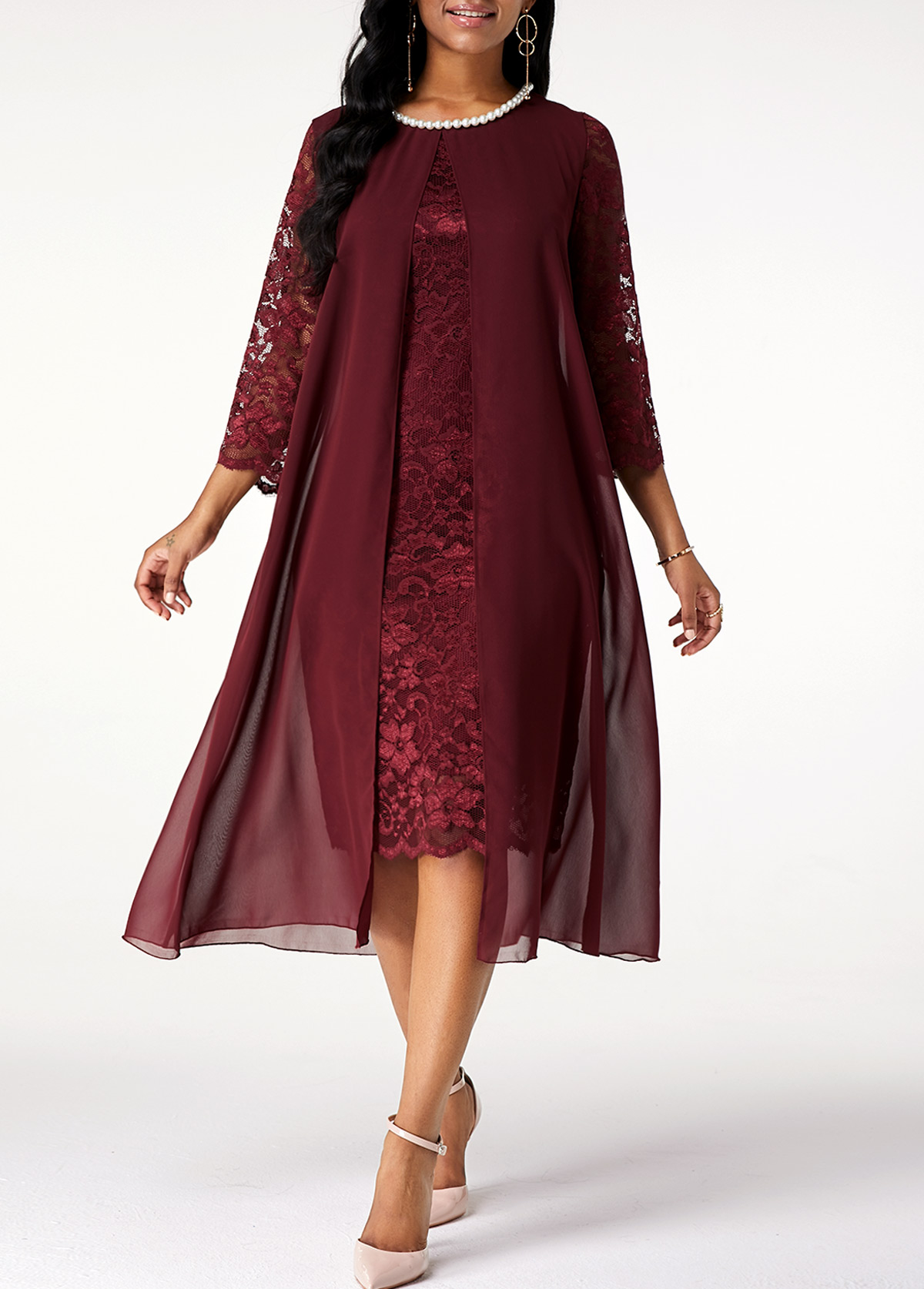 Lace Stitching Pearl 3/4 Sleeve Chiffon Dress