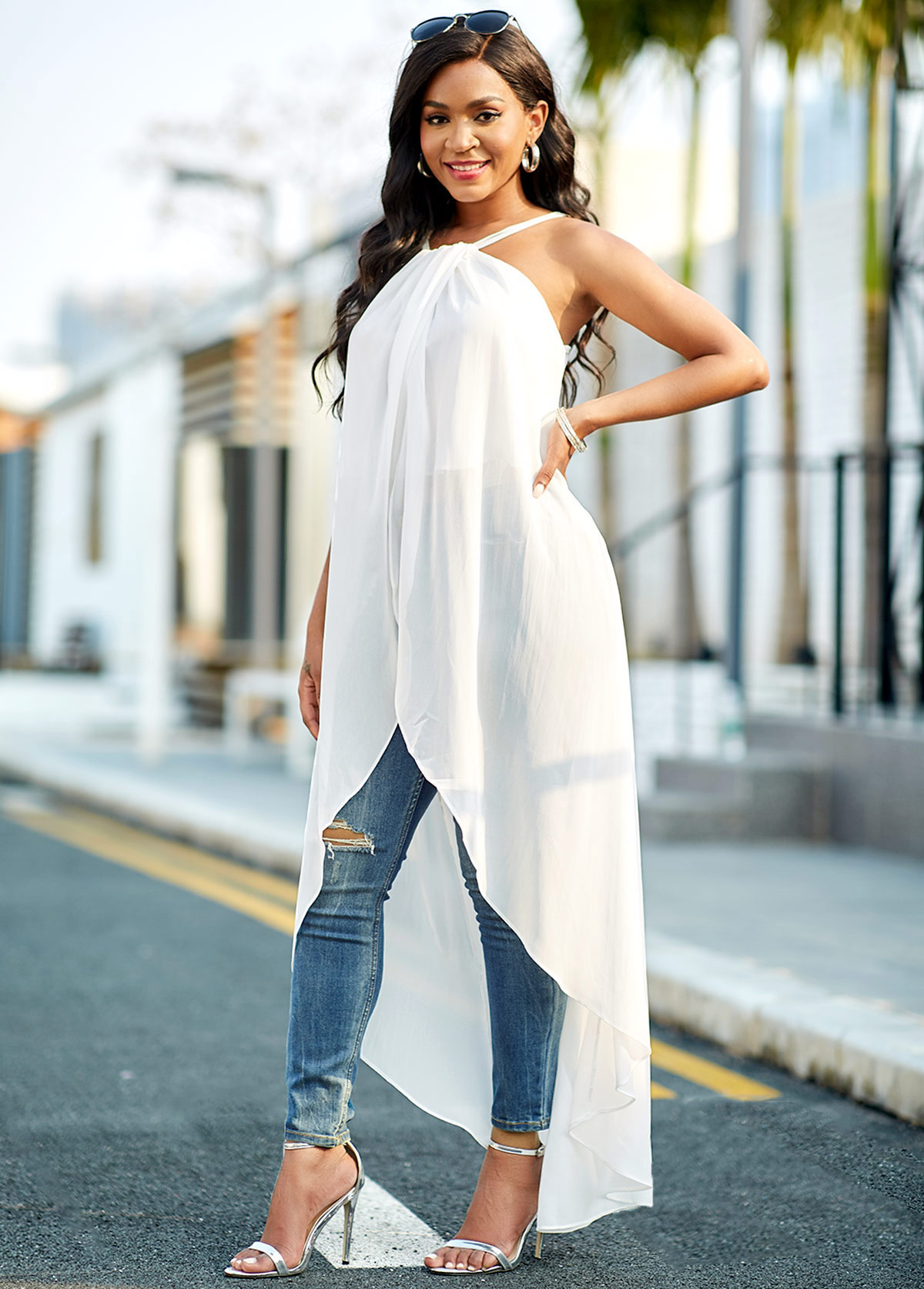 Cross Strap Chiffon Asymmetric Hem White Camisole Top