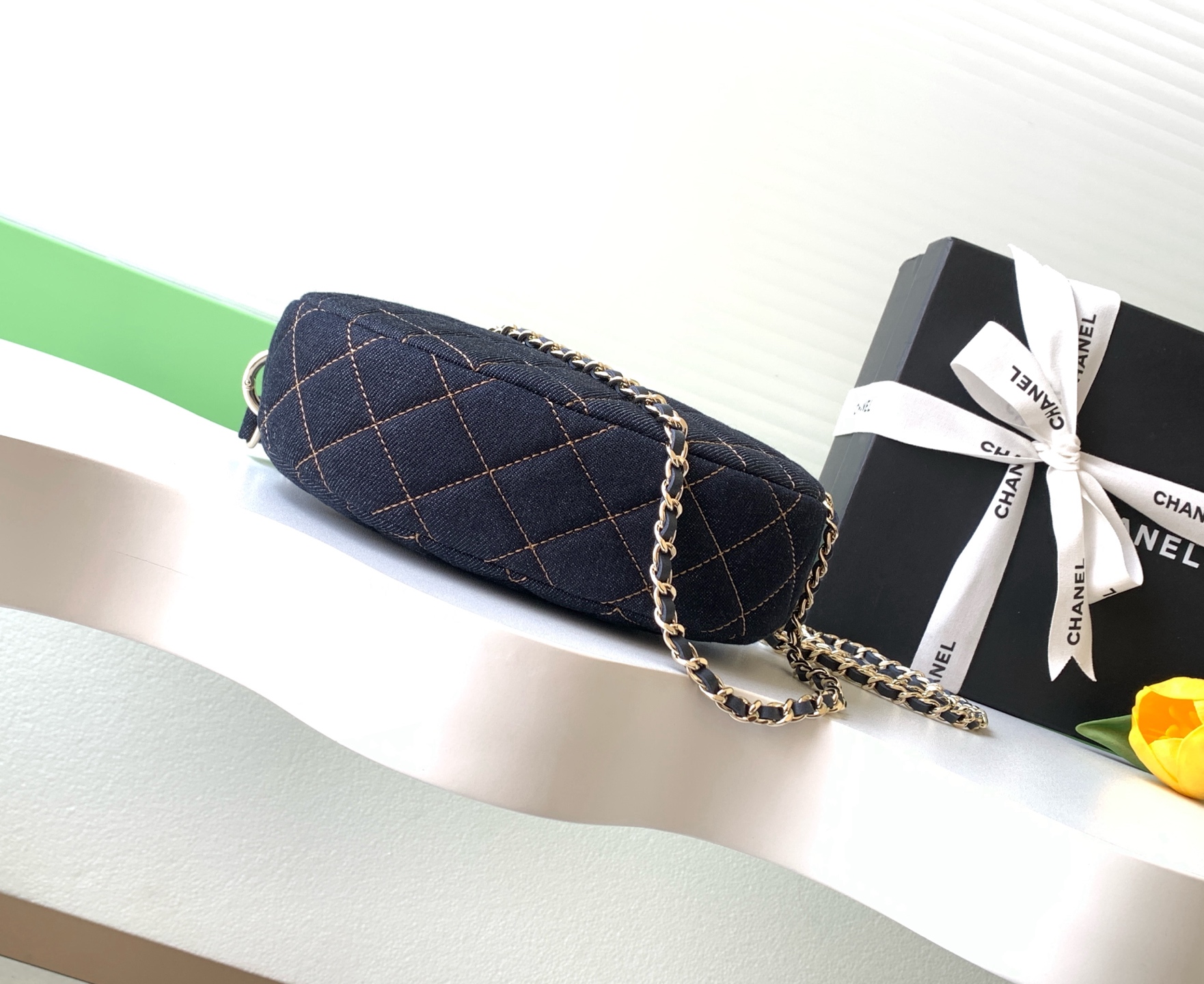 26S Spring-Summer Quilted Denim Moon Hobo Bag in Dark Blue with Gold Hardware (Model AS5652) - Mocuir