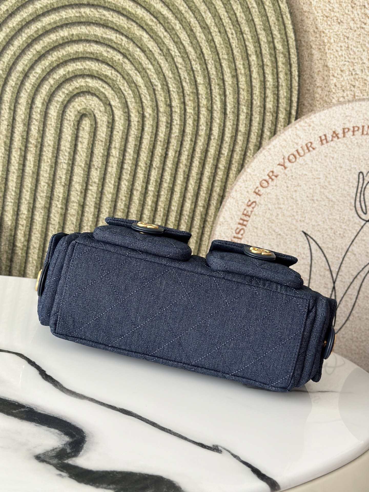 Dark Blue Denim Multi-Pocket Hobo Bag with Gold Hardware - Mocuir