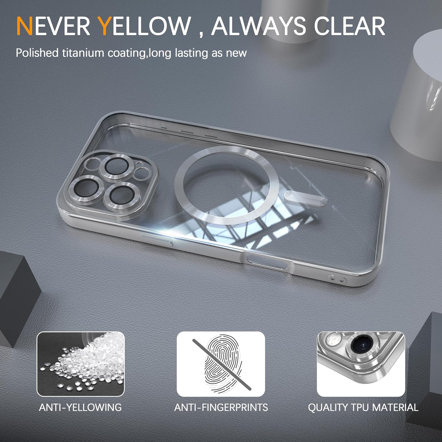 Magnetic Clear Case for iPhone 14 Pro Max with Full Camera Lens Protection, Compatible with MagSafe, Plated Soft TPU Phone Case, Anti-Scratch Shockproof Slim Cover for Women, Girls, Men - Silver