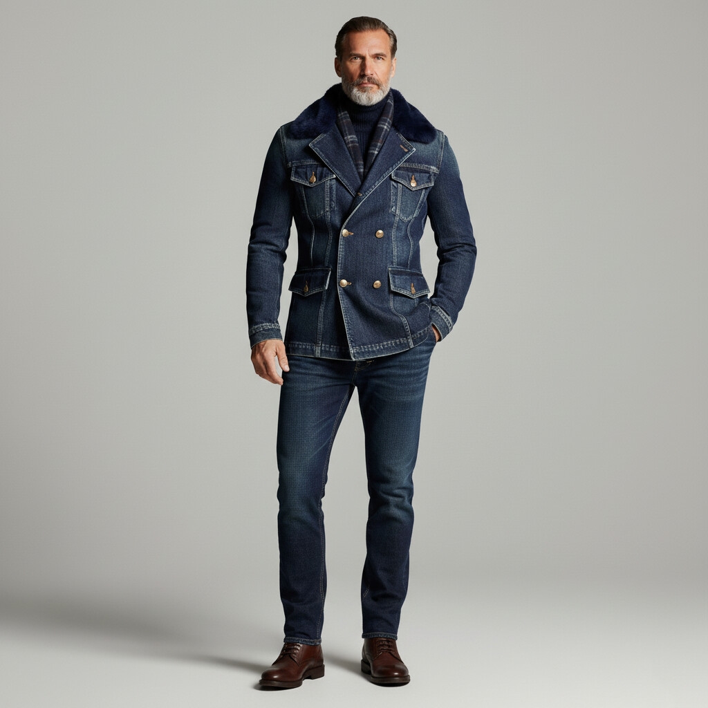 Men's Navy Blue Fur Lapel Collar Double Breasted Long Sleeve Denim Jacket