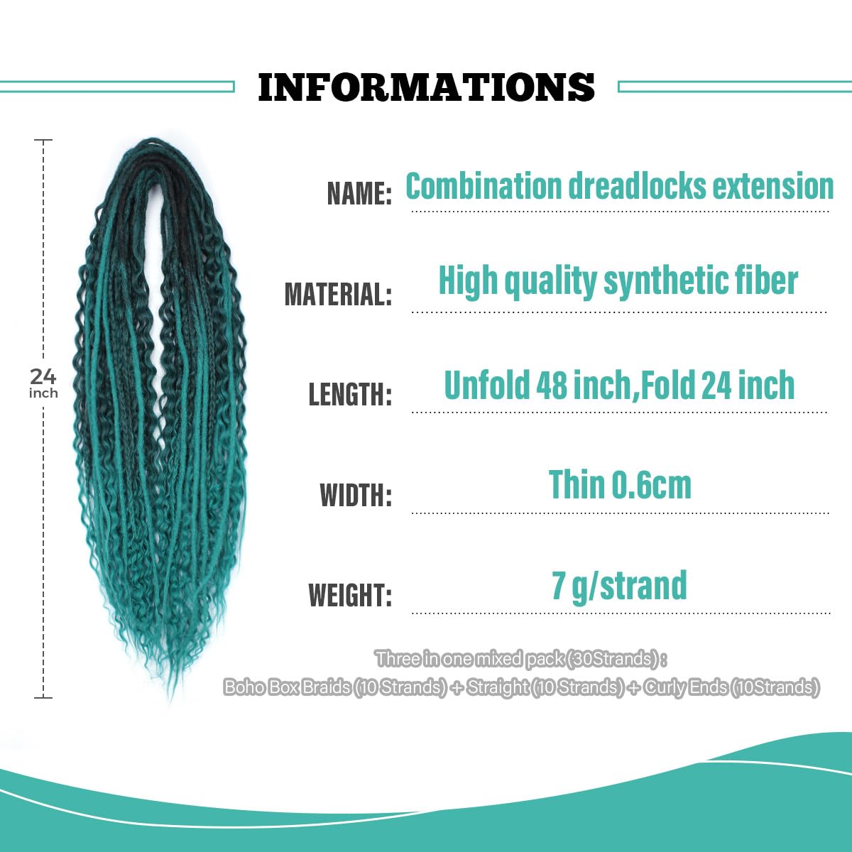 24 Inch 3 In 1 Dreadlock Extensions Sets, 30 Strands Mixed Ombre Green Synthetic DE Dreads Extensions, 100% Handmade Soft Double Ended Curly Boho Wavy Dreads for Girls
