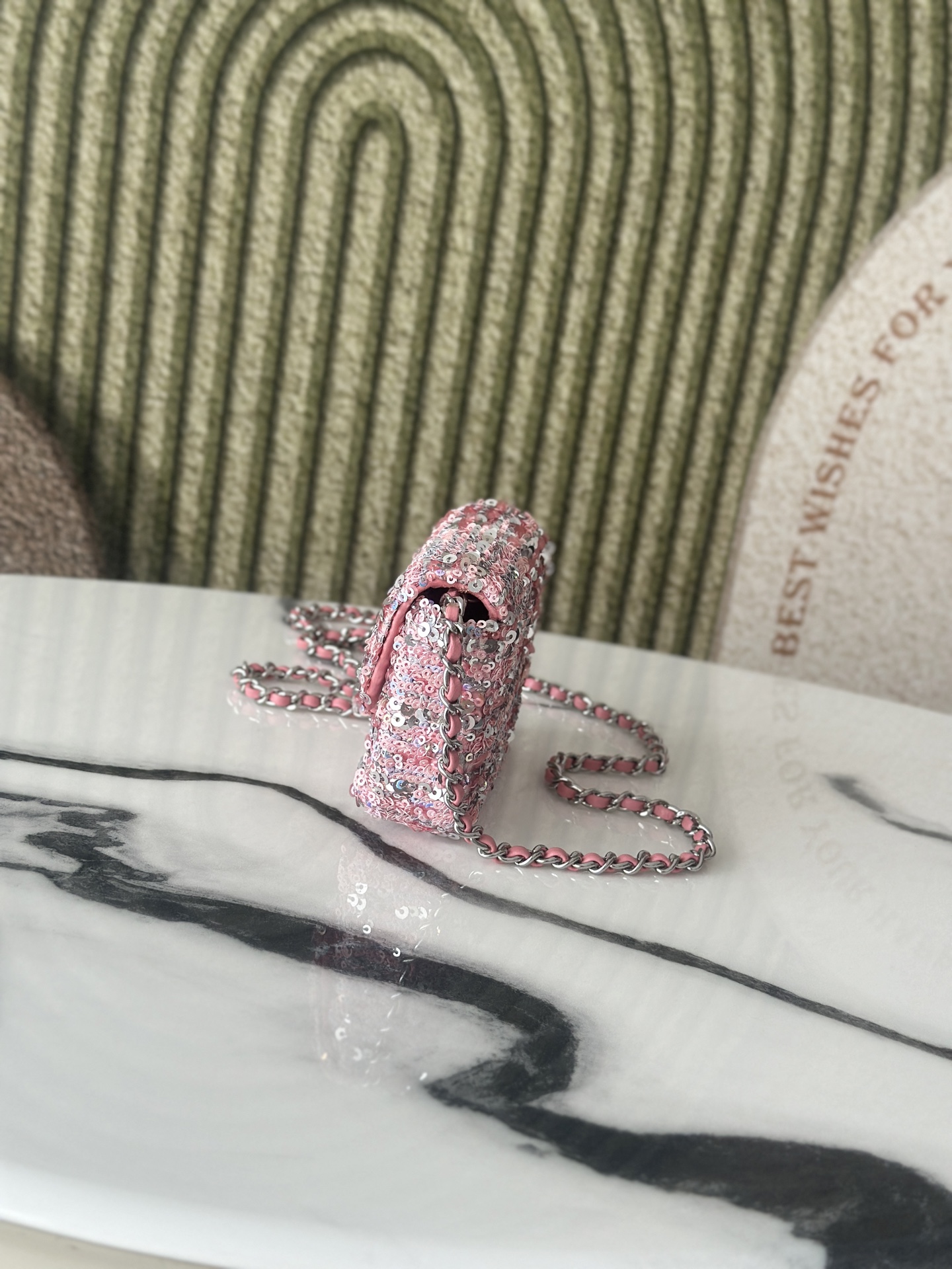 23C Large Mini Classic Flap Bag (AS3965) in Peach Pink Hand-Embroidered Sequins on Lambskin with Silver-Tone Hardware - Mocuir