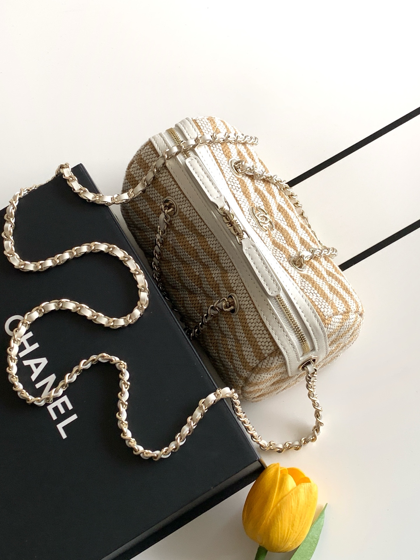 Deauville Striped Quilted Canvas Camera Bag / Vanity Case in Caramel with Light Gold-Tone Hardware - Mocuir