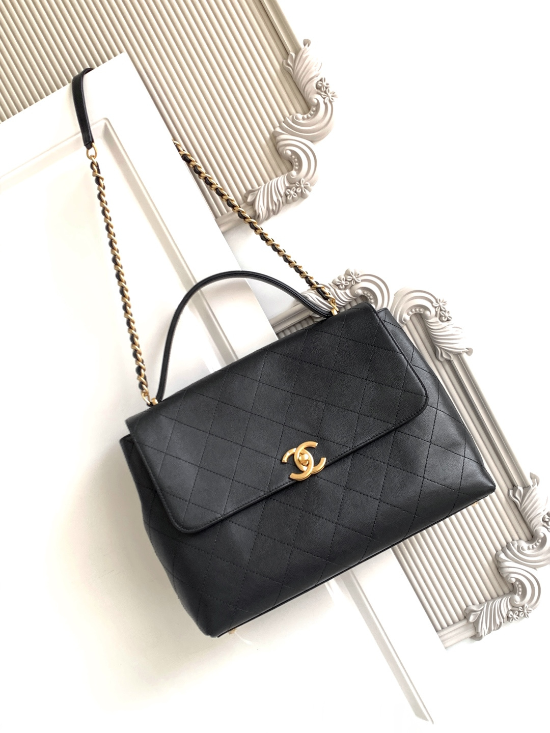 25C/26C Vintage Large Top Handle Flap Bag（Black） - Mocuir