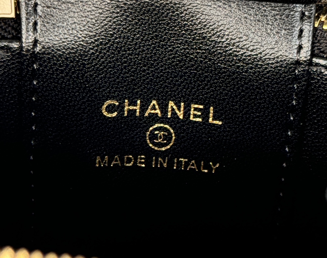 Mini Vanity Case with Chain in Black Quilted Calfskin with Crystal CC Logo & Light Gold-Tone Hardware - Mocuir