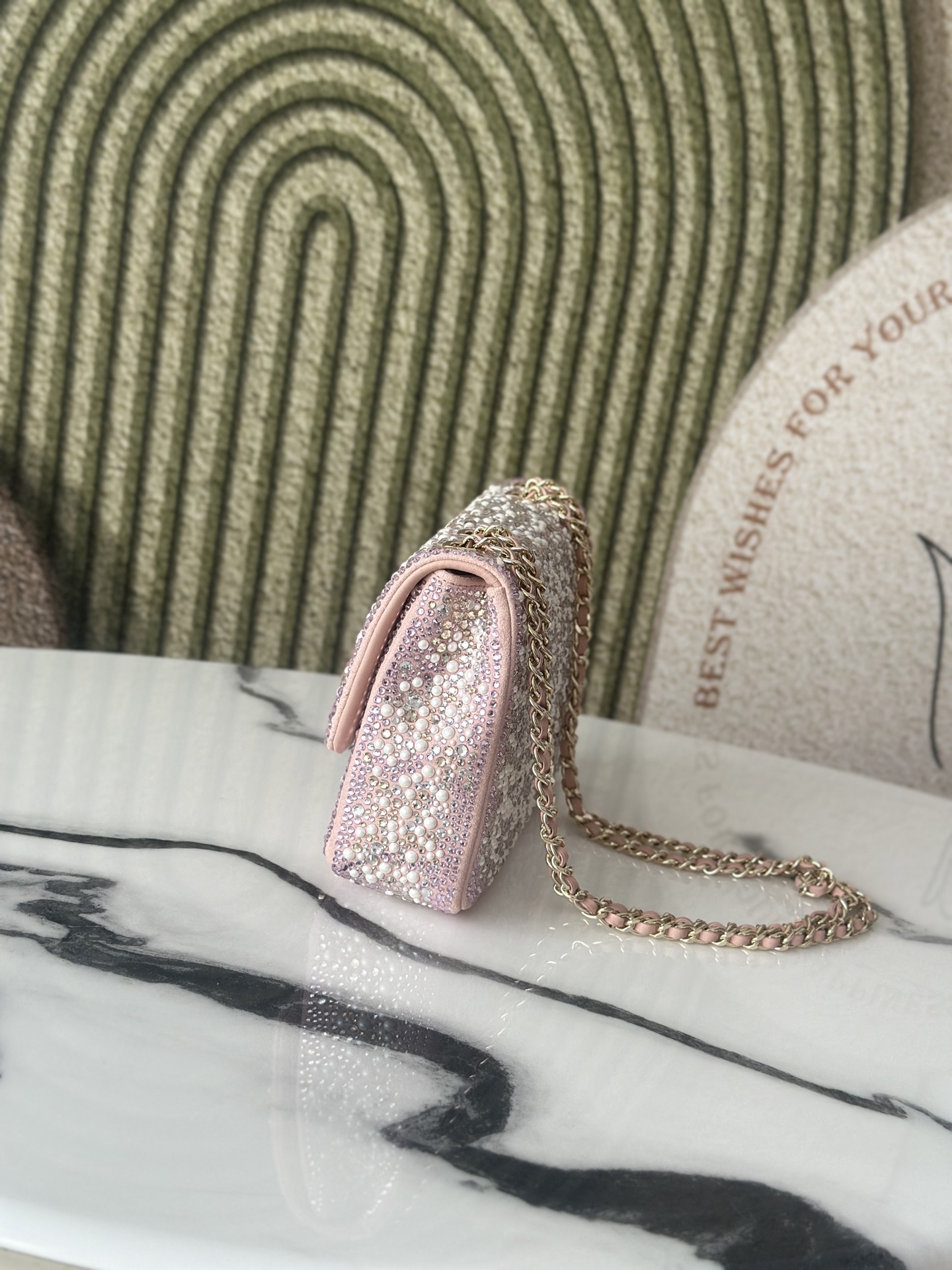 24C25C Small Classic Flap Bag in Sakura Pink Crystal & Pearl Embellished Lambskin with Light Gold-Tone Hardware - Mocuir