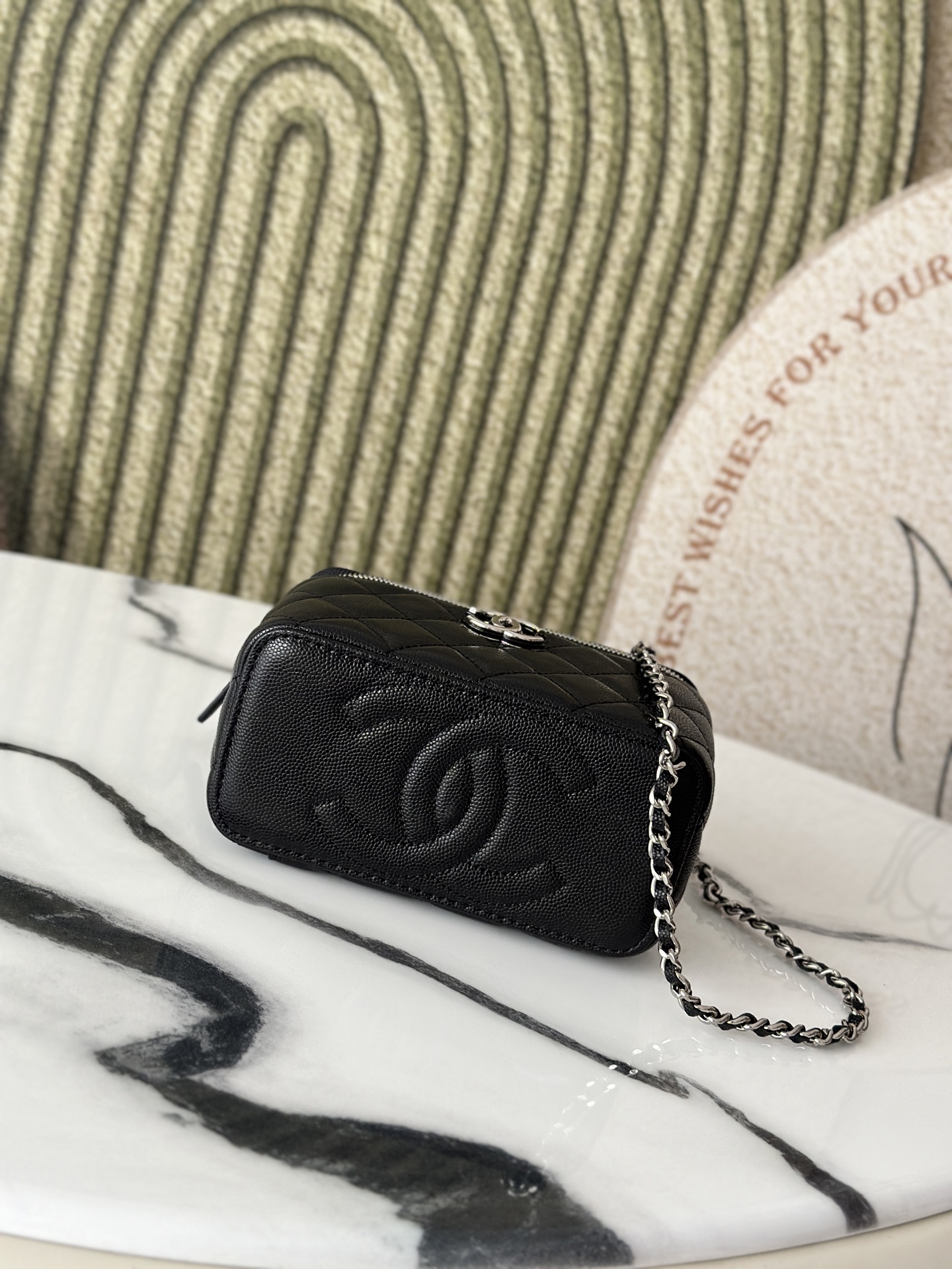 Black Caviar Quilted Vanity Case with Silver Metal Handle & Silver Hardware - Mocuir