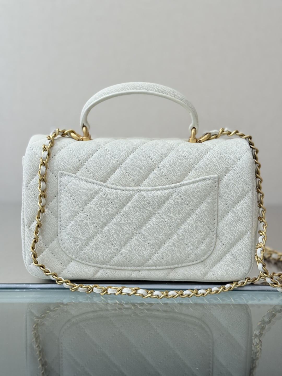 2025C CC Top Handle Small Bag (AS5265) in White Grained Calfskin with Antique Gold-Tone Hardware - Mocuir