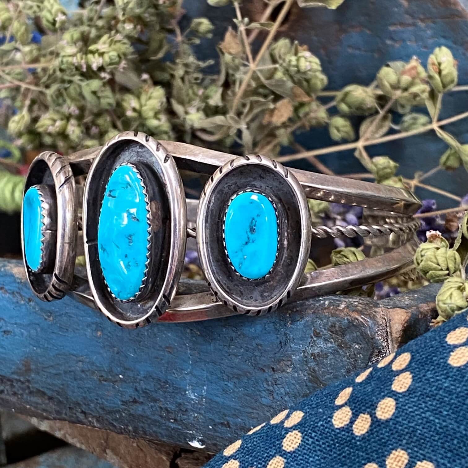 Vintage Sterling Silver Turquoise Row Bracelet Navajo