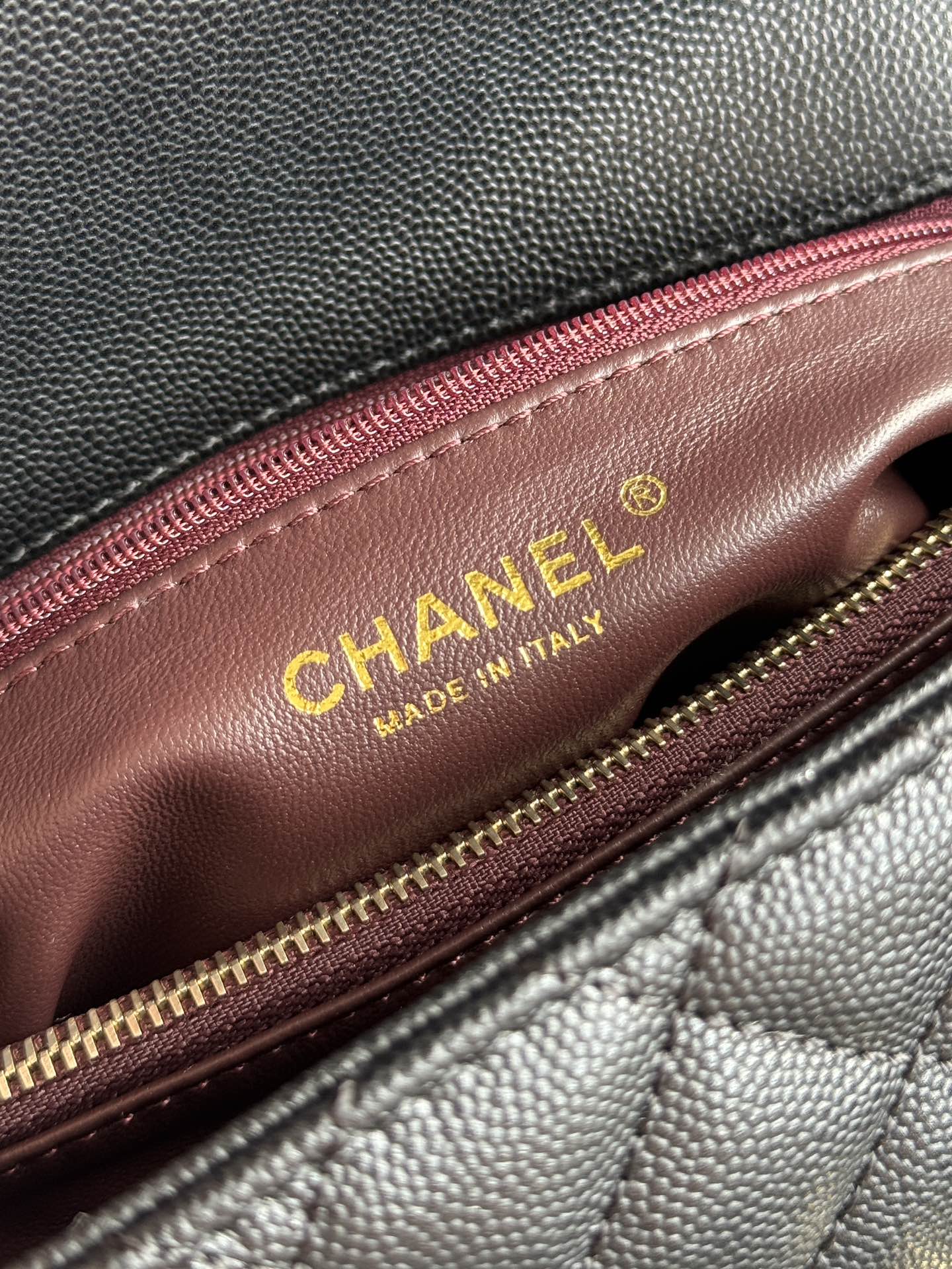 Small Coco Handle Flap Bag in Black Quilted Caviar Leather with Light Gold-Tone Hardware - Mocuir