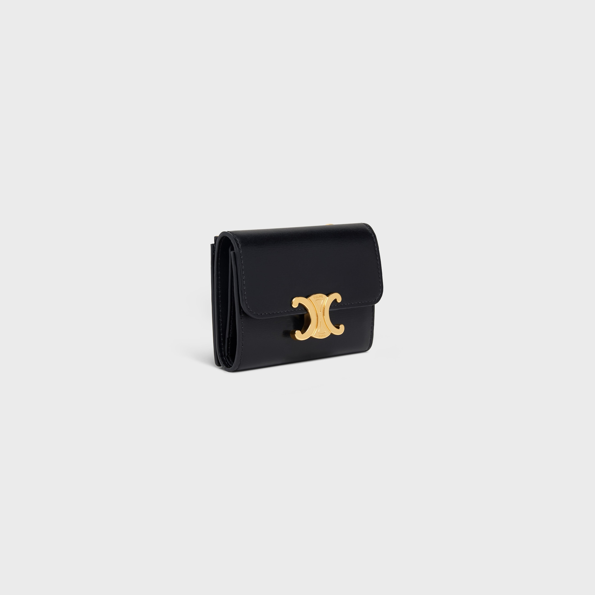 COMPACT WALLET WITH COIN TRIOMPHE IN SHINY CALFSKIN BLACK