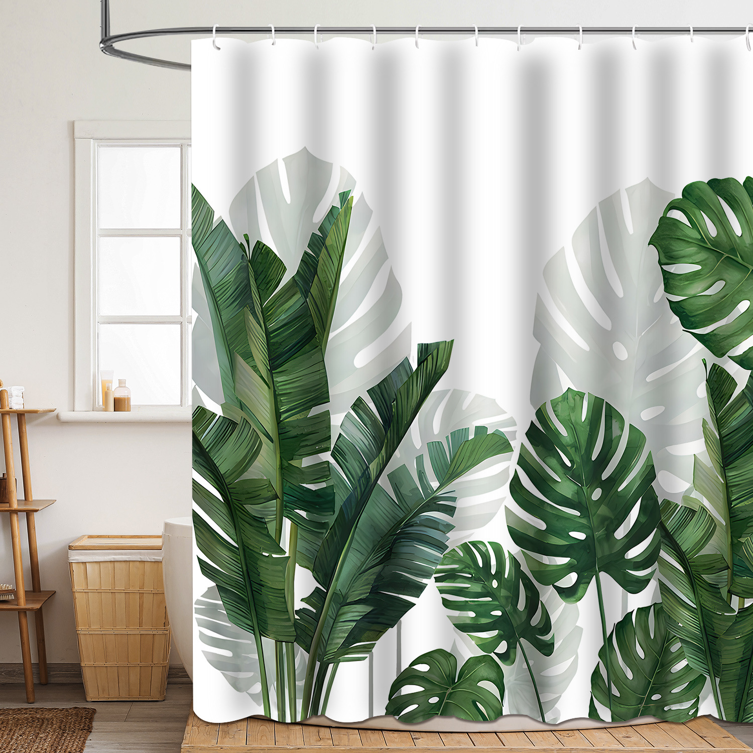 Shower curtain green plant leaf polyester 3d digital printing waterproof and mildew-proof shower bathroom partition
