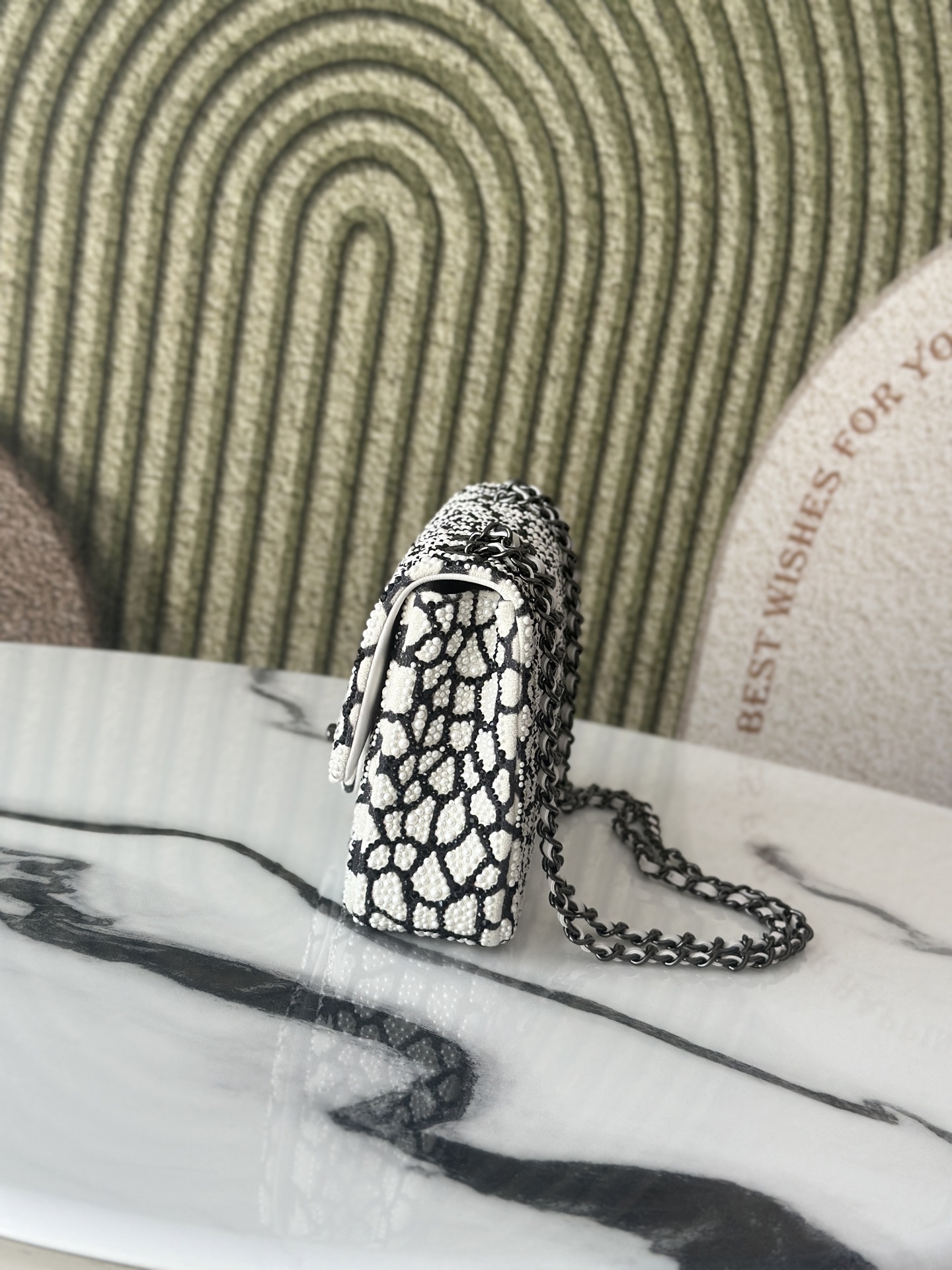 Classic Flap Mini Bag in Black & White Pearl Embellished Crocodile Pattern (Black Hardware) - Mocuir