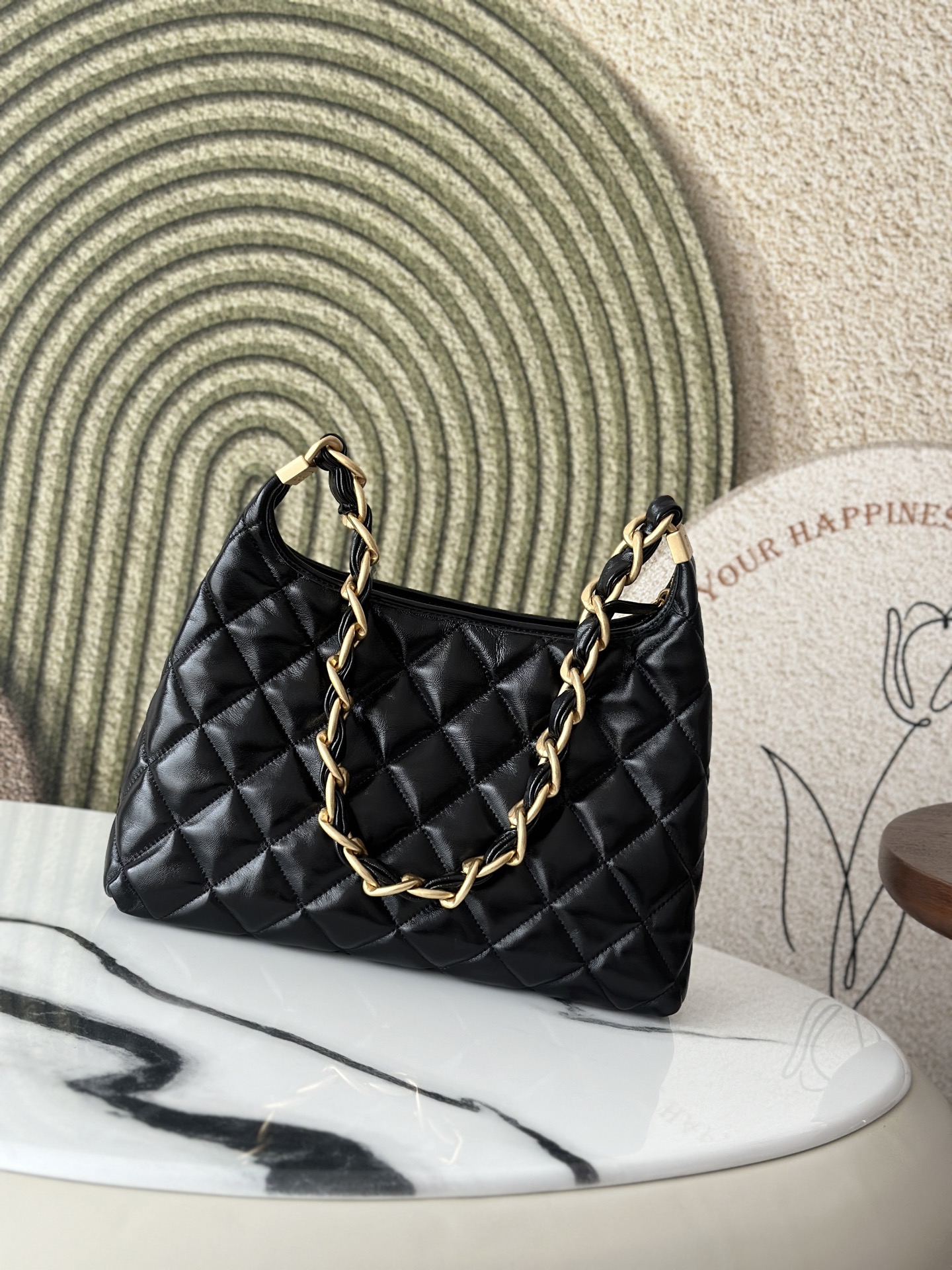 Black Shiny Calfskin Quilted Hobo Bag (Model AS4382) - Mocuir