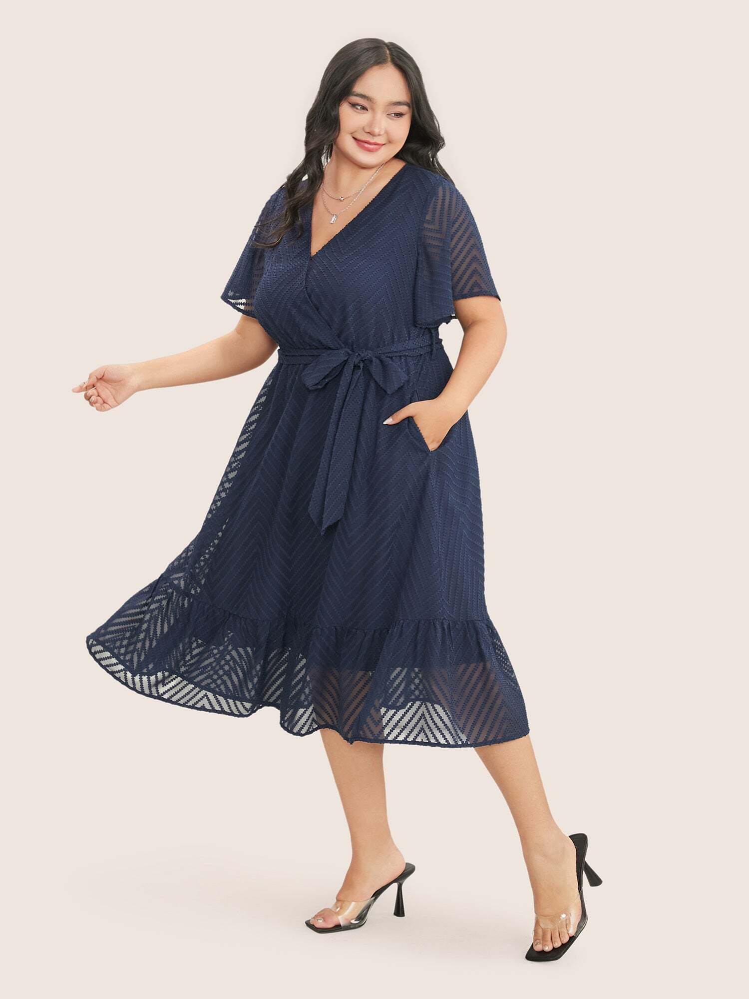 Plain Geometric Pocket Mesh Ruffle Sleeve Belted Wrap Dress
