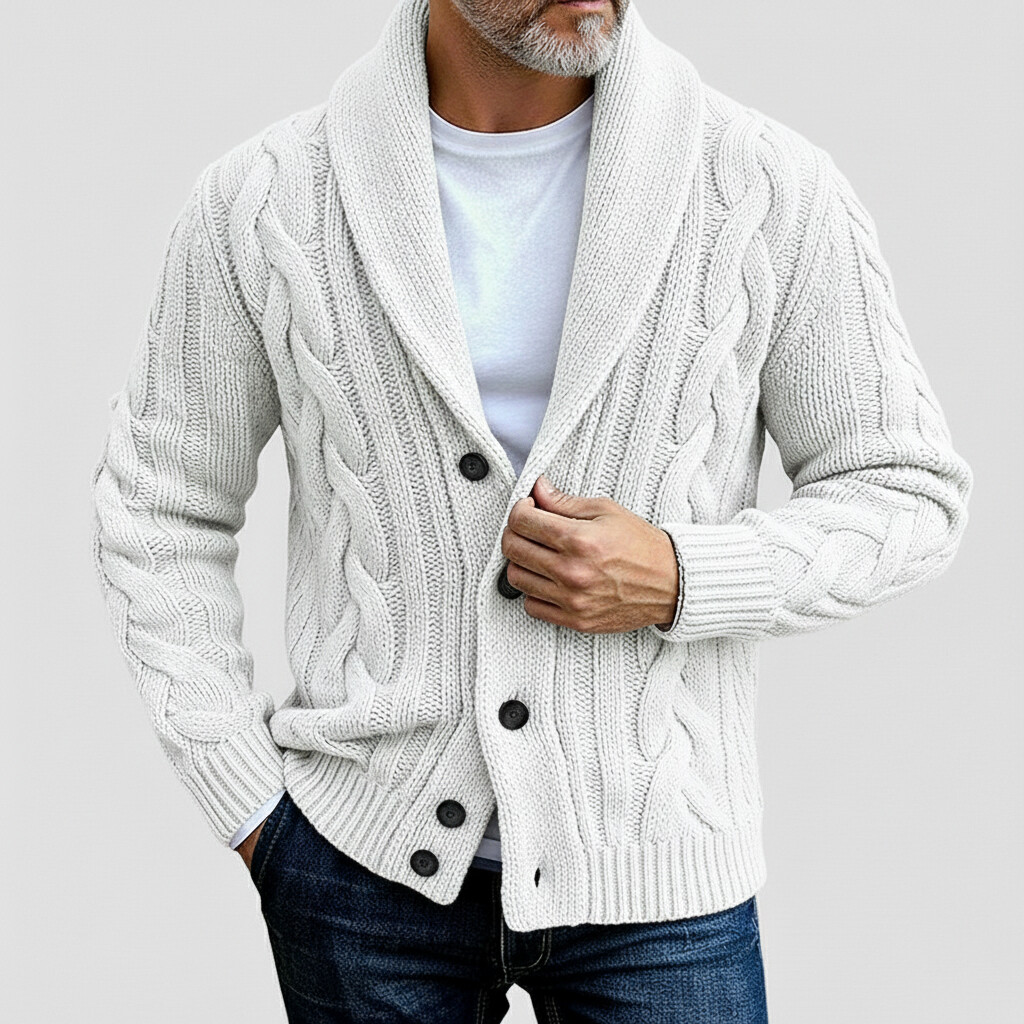 Men's Solid Lapel Collar Single Breasted Long Sleeve Cable Knit Cardigans