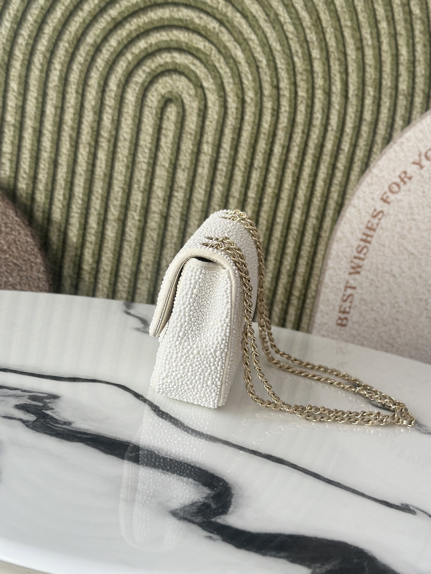 25P Small Classic Flap Bag in Ivory White All-Over Pearl Embellished Lambskin with Light Gold-Tone Hardware - Mocuir