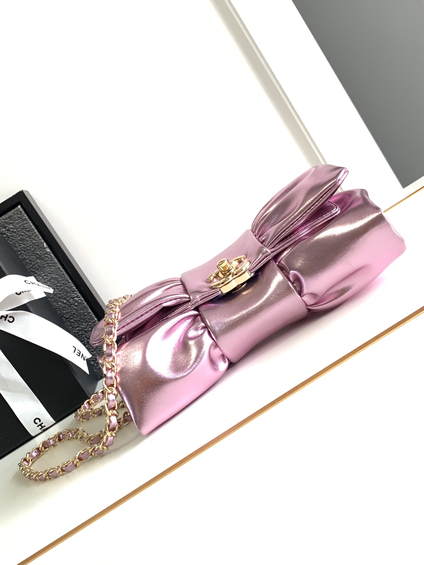 24B Bow Bag Evening Clutch with Chain in Metallic Pink Shiny Lambskin with Light Gold-Tone Hardware - Mocuir