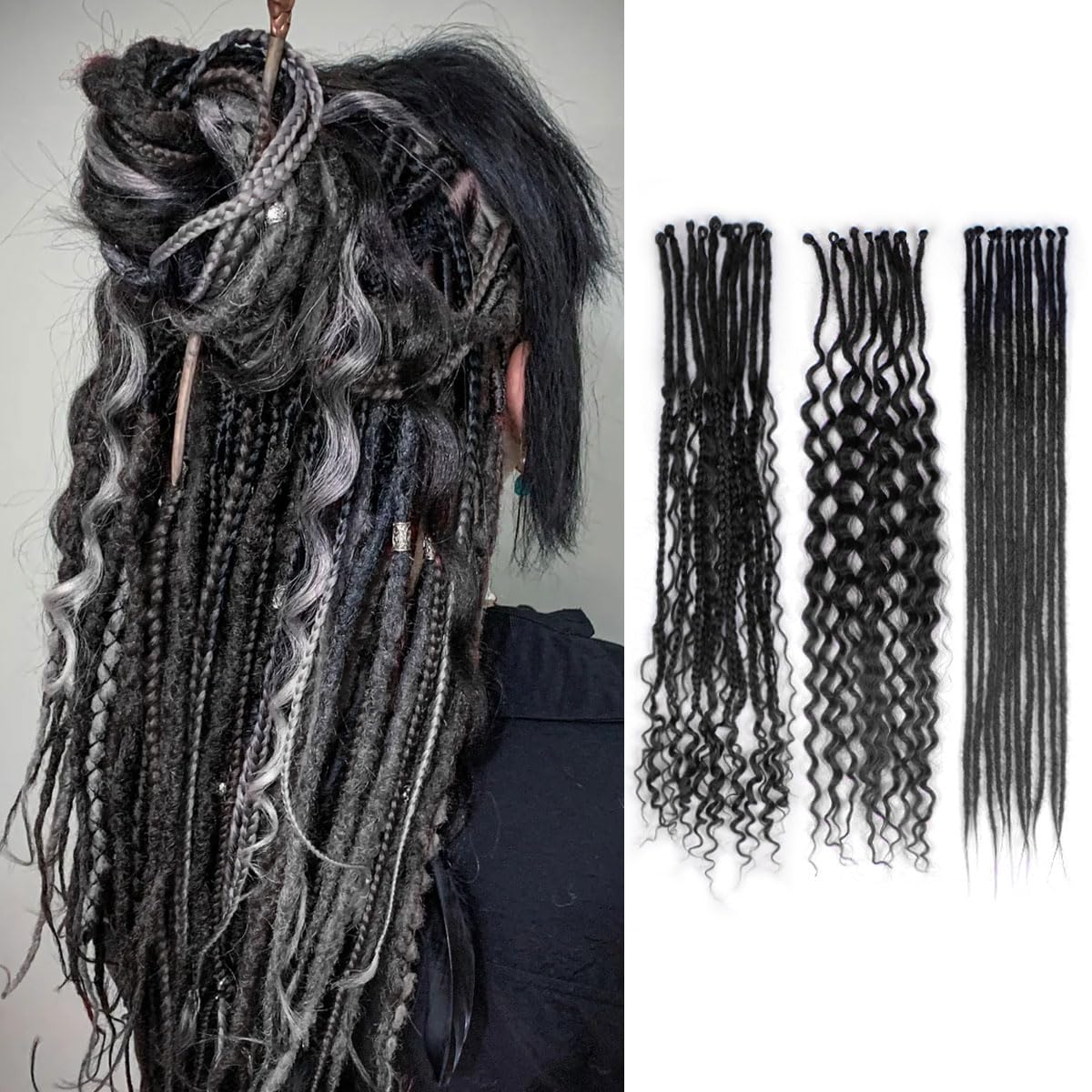 24 Inch 3 In 1 Dreadlock Extensions Sets, 30 Strands Mixed Black Synthetic SE Dreads Extensions, 100% Handmade Soft Single Ended Curly Boho Wavy Dreads for Girls