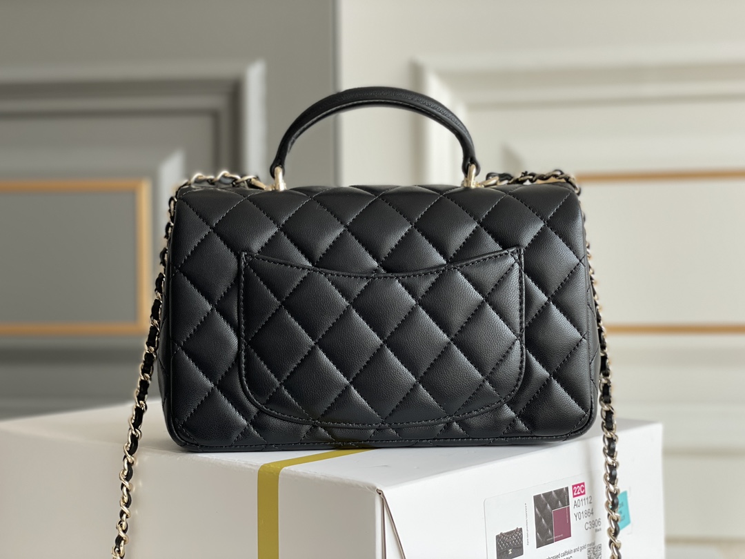 Classic Flap Mini Bag with Top Handle in Black Quilted Grained Lambskin with Gold-Tone Hardware - Mocuir