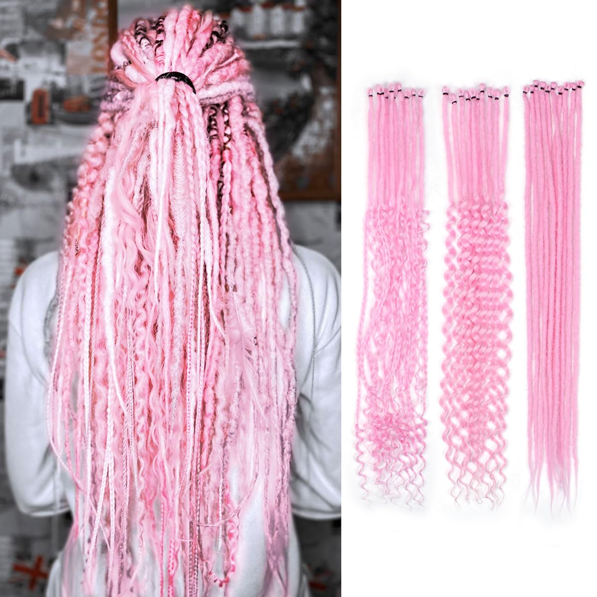 24 Inch 3 In 1 Dreadlock Extensions Sets, 30 Strands Mixed Hot Pink Synthetic SE Dreads Extensions, 100% Handmade Soft Single Ended Curly Boho Wavy Dreads for Girls