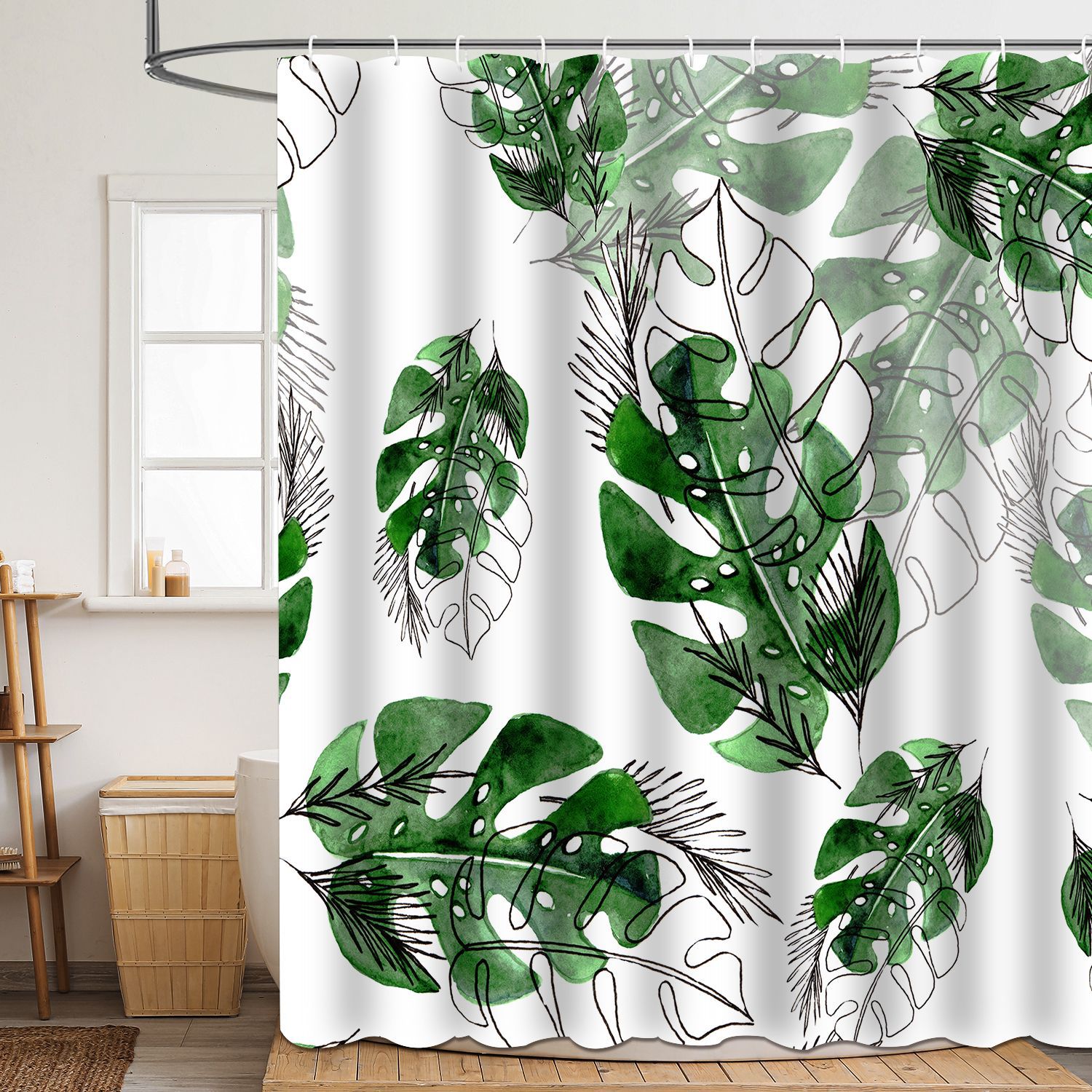 Shower curtain green plant leaf polyester 3d digital printing waterproof and mildew-proof shower bathroom partition