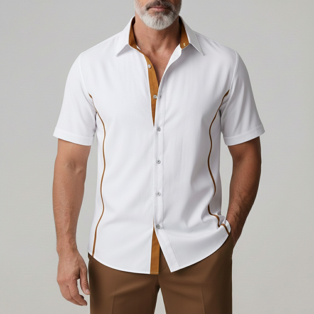Men's Casual Contrast Placket Single Breasted Short Sleeve Shirt
