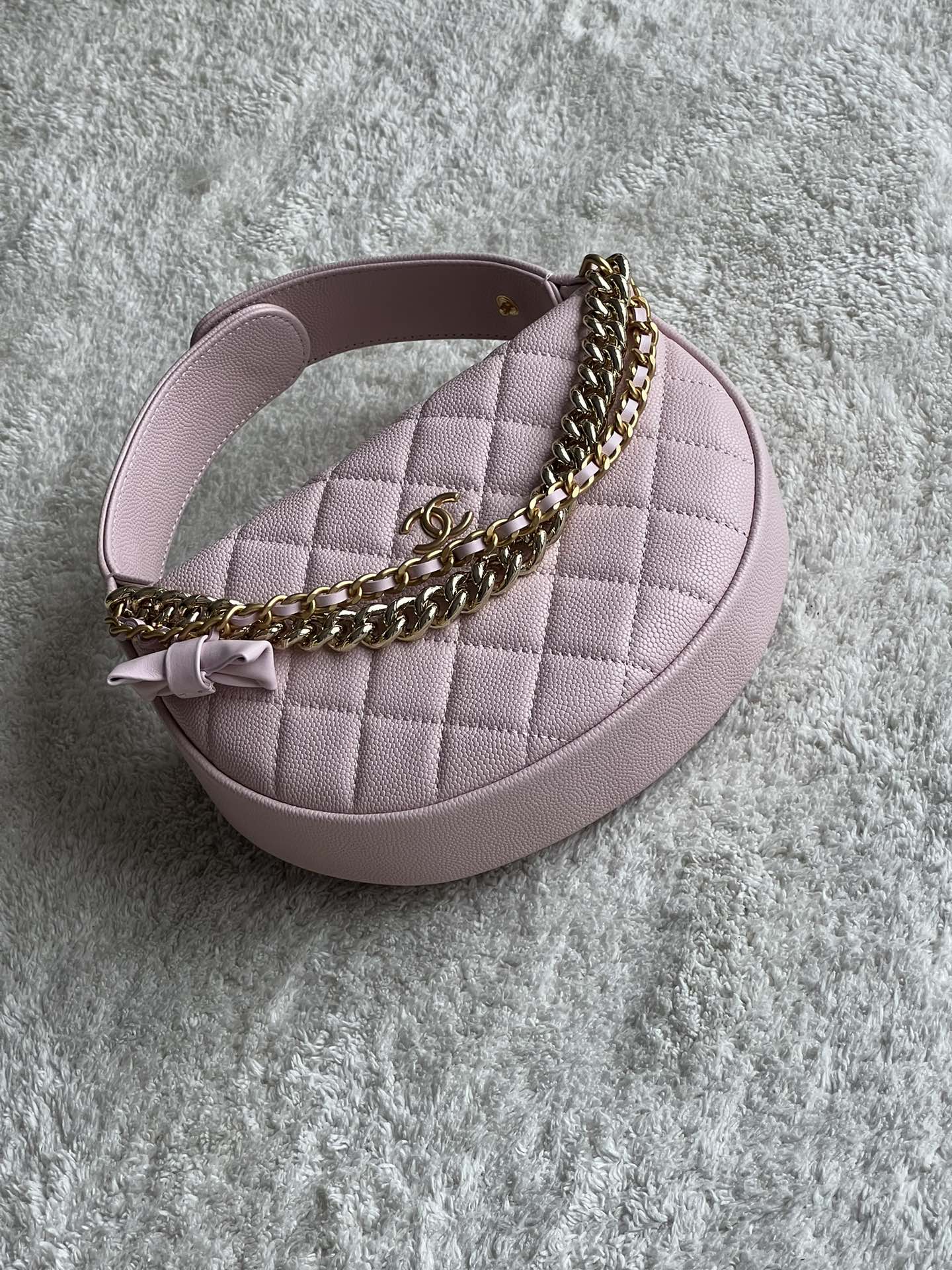 24S Half Moon Hula Hoop Bag in Pink Quilted Caviar Leather with Light Gold-Tone Hardware and Bow Detail - Mocuir