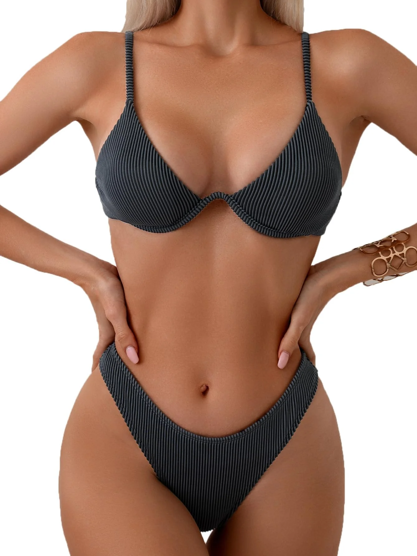 Underwire Triangle Bikini Spaghetti Strap Push Up Swimsuit Cheeky Two Piece Bathing Suit