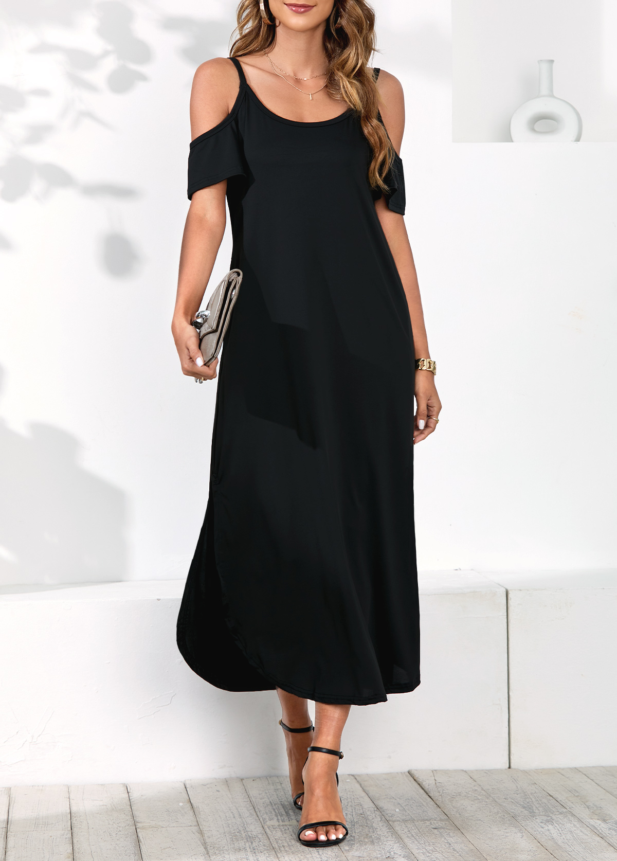 Cold Shoulder Black Double Side Pockets Dress