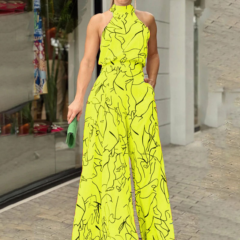 Ladies Elegant Waist Tie Sleeveless Halter Print Jumpsuit